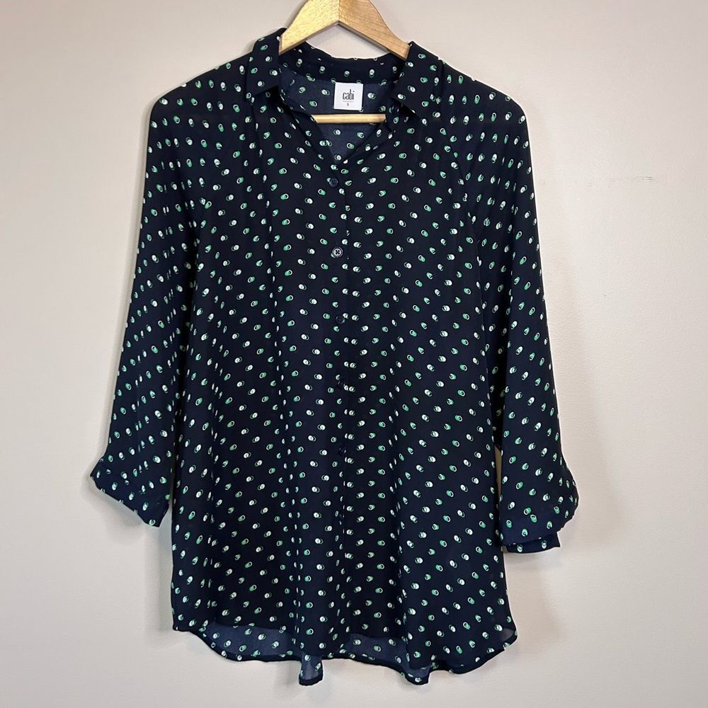 CAbi Navy Green Polka Dot Chiffon Button Down Long Sleeve Shirt Size Small - Picture 2 of 7